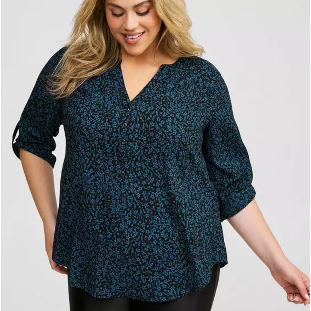 Torrid Harper 3/4 Sleeve Teal & Black Star Print Top Fun Business Casual 4XL